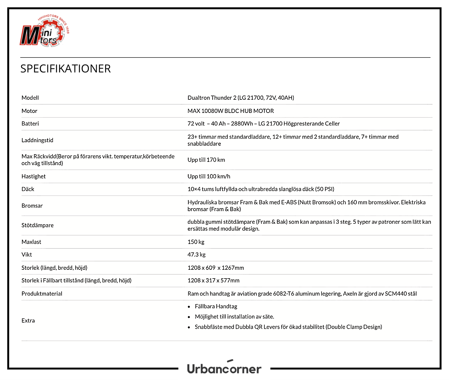 Urbancorner - Specifikationer Dualtron Thunder 2